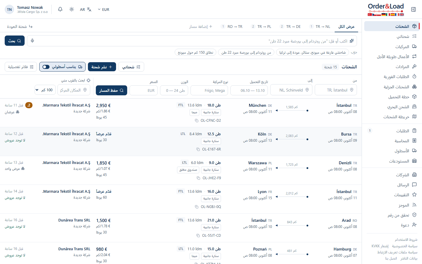 لوحة حمولات Order And Load