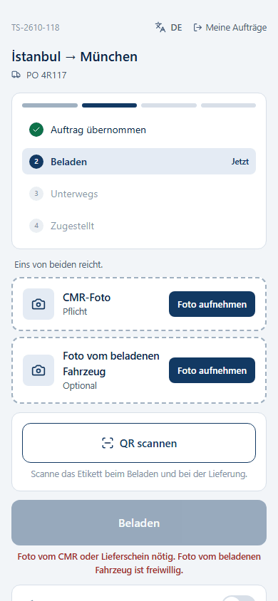 Beladeschritt in der Fahrer-App