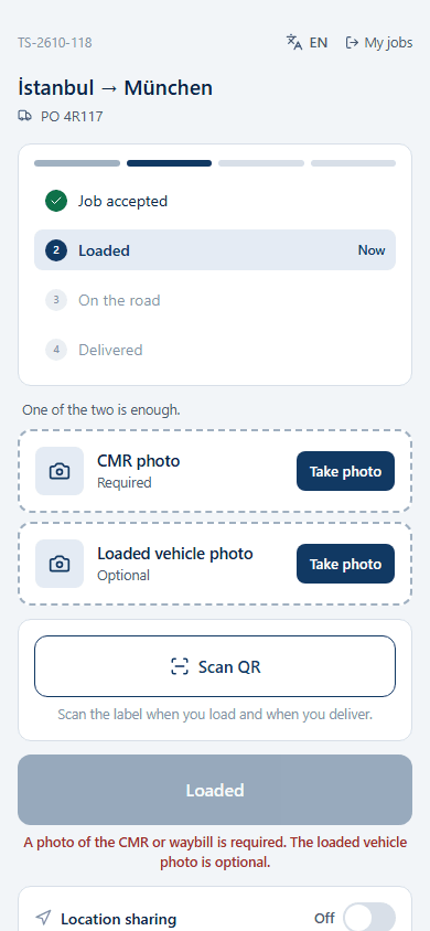 Loading step in the driver app