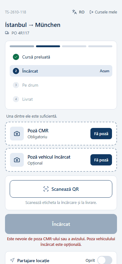 Pasul de încărcare în aplicația pentru șofer