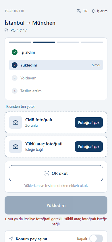 Sürücü uygulamasında yükleme adımı