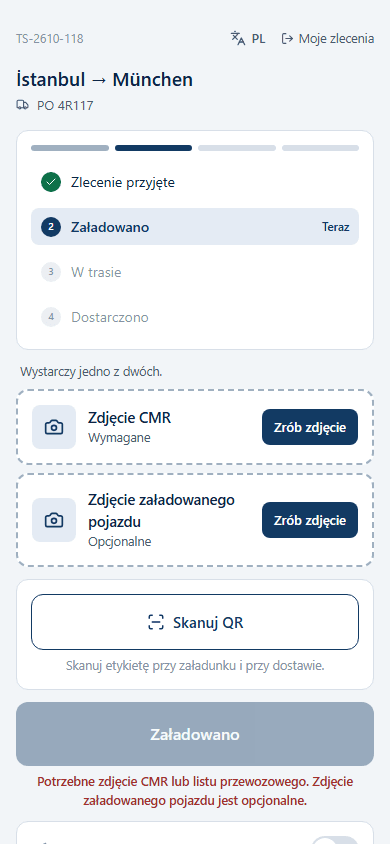 Etap załadunku w aplikacji kierowcy